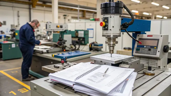 Technician calibrating a CNC machine using precision instruments