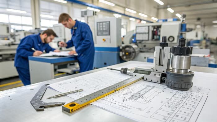 Engineer and machinist discussing a technical drawing