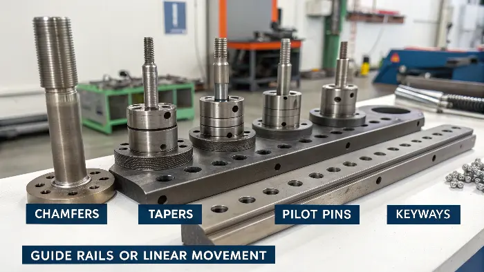 Different types of self-aligning features on metal parts