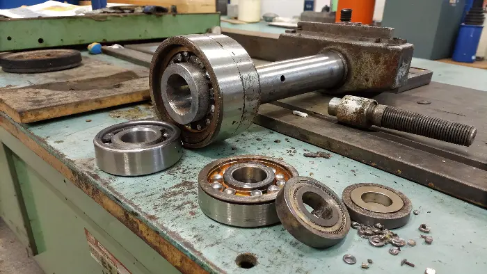 Close-up of a worn machine ballscrew or bearing