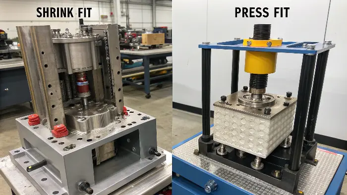 Comparison of press fit (mechanical force) and shrink fit (thermal expansion/contraction)