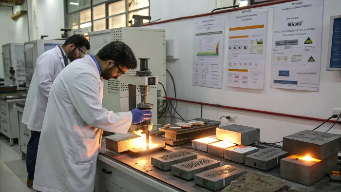 A metal part being heat-treated in a furnace, and another being cold-rolled