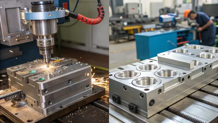 A CNC machined aluminum part next to a die-cast aluminum part.