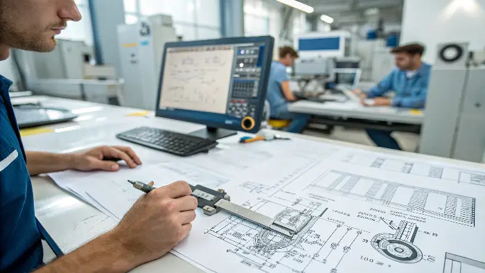 An engineer reviewing a CAD model with DFM feedback highlighted