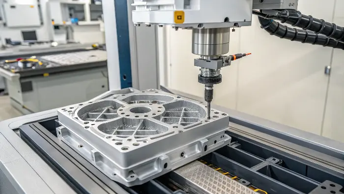 A hybrid manufacturing machine combining a laser deposition head and a CNC milling tool.