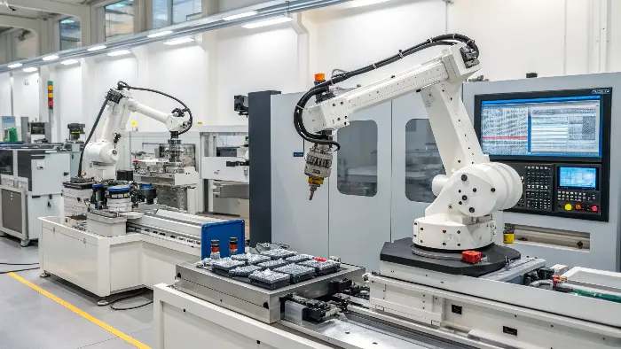 A cohesive image showing a CAD design, a CNC machine in operation, and a robotic arm moving a finished part.