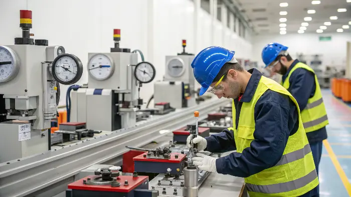 A quality control engineer inspecting a CNC machined part with a CMM