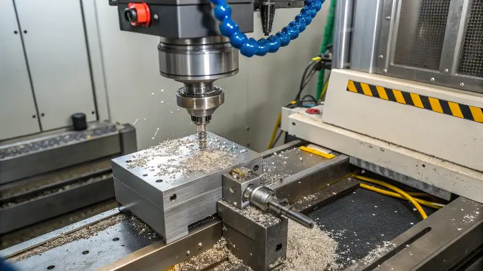 A CNC end mill cutting into a block of aluminum with coolant spray