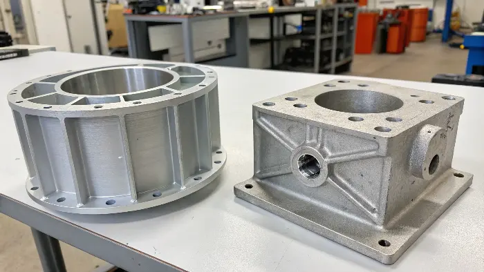 A diagram showing the dense grain structure of machined metal vs. the porous structure of cast metal