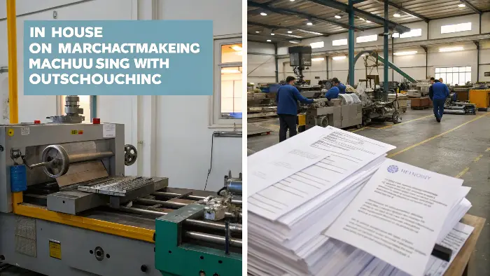 Engineer contemplating a blueprint in a workshop setting with CNC machines in background