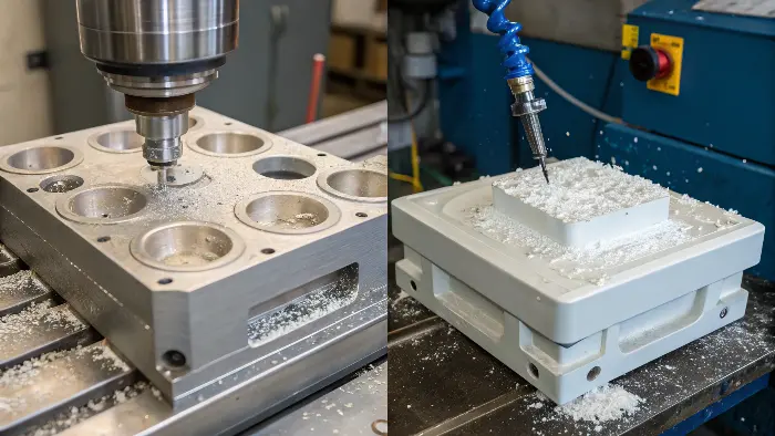 A CNC machine cutting an aluminum block next to a metal mold for casting