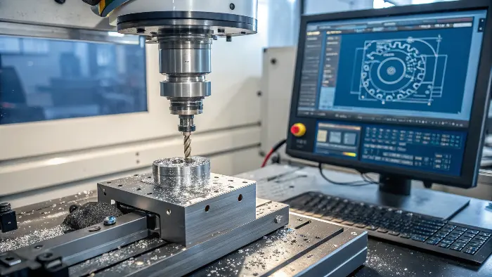 A complex CNC machined part next to its CAD model on a screen