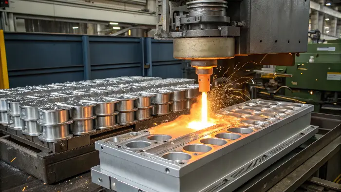 A robotic arm removing a freshly cast aluminum part from a large die casting machine.