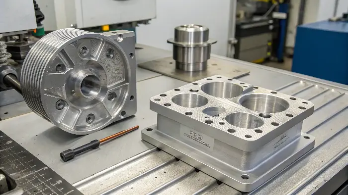 A cast aluminum part being loaded into a CNC machine for finishing touches