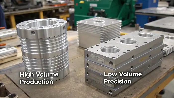 A side-by-side comparison of a machined aluminum part and a cast aluminum part