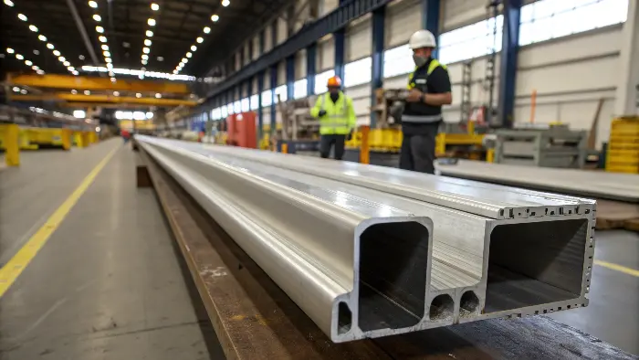 A long aluminum extrusion with a complex cross-section coming out of a die.