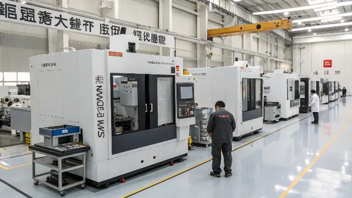 A 5-axis CNC machine carving a complex aerospace component