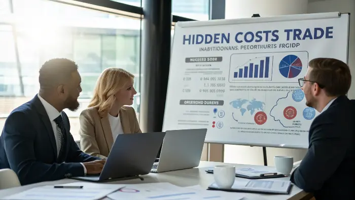 A shipping container and a customs form, representing hidden costs