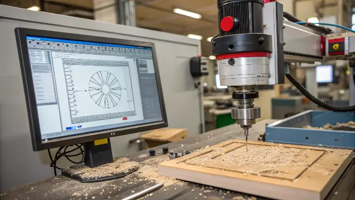 CAD model, G-code, CNC machine, and material workpiece