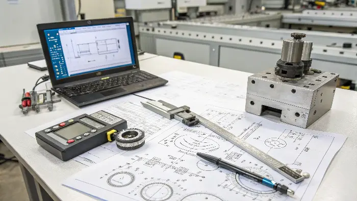 Engineer studying a technical drawing for fixture design