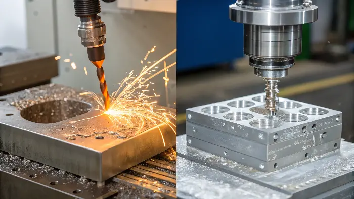 An illustration showing a CNC tool cutting a block versus molten metal filling a die.