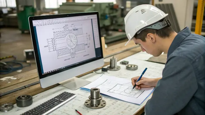 engineering team discussing DFM principles over blueprints