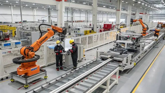 An assembly line where engineers are building and testing custom automation machinery.
