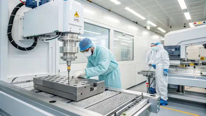 A CNC machine in a clean, well-lit factory setting, actively milling a medical-grade component