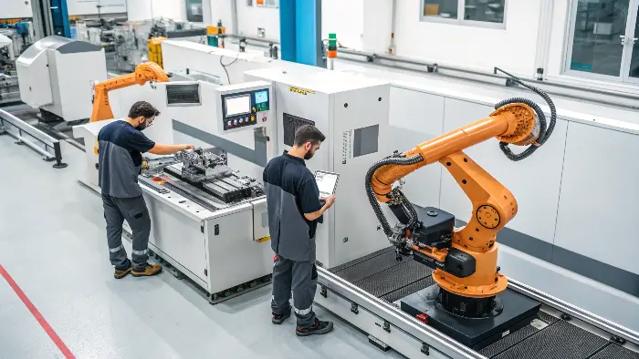 A modern CNC machining center with a robotic arm loading a metal blank into the machine.