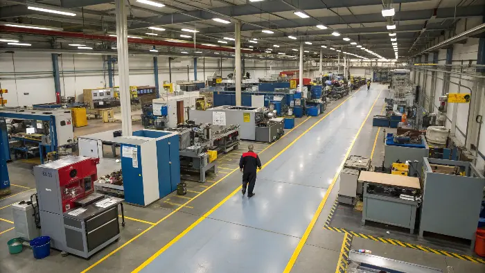 A diagram illustrating the flow of two different products through a process layout with departments for milling, drilling, and finishing.