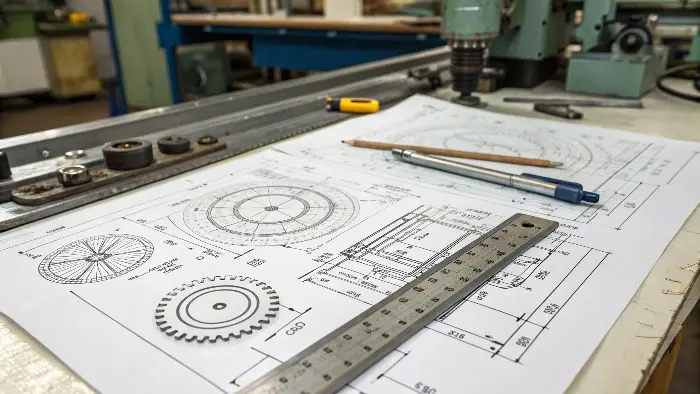 A mechanical engineer reviewing a 3D CAD model on a computer screen with technical drawings in the background.
