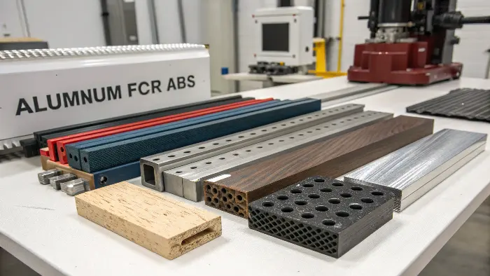 A display of different CNC machined materials including plastic, metal, and wood