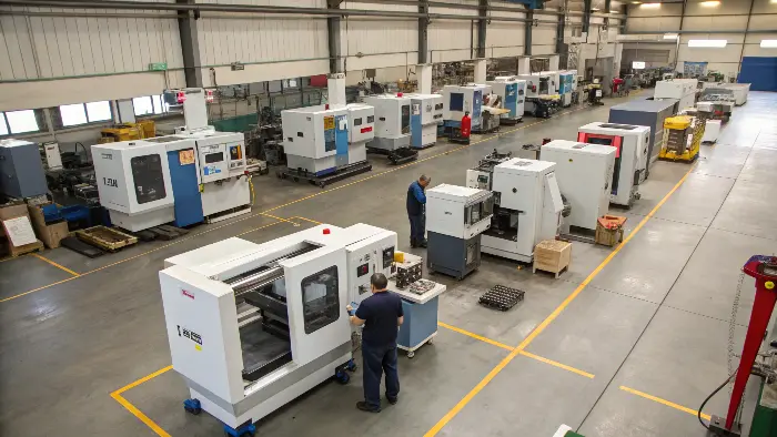 A wide-angle shot of a clean machine shop with different areas for milling, turning, and grinding.