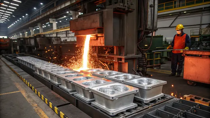 A stack of identical die-cast aluminum parts ready for assembly.