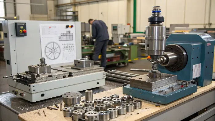 A 5-axis CNC machine working on a complex aluminum component