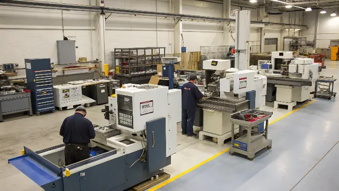 A collage of close-up images showing a CNC mill cutting metal, a CNC lathe shaping a cylinder, and a precision grinder finishing a surface.