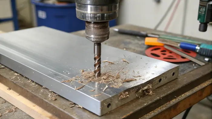 A drill bit with a burnt, blue tip next to a piece of stainless steel