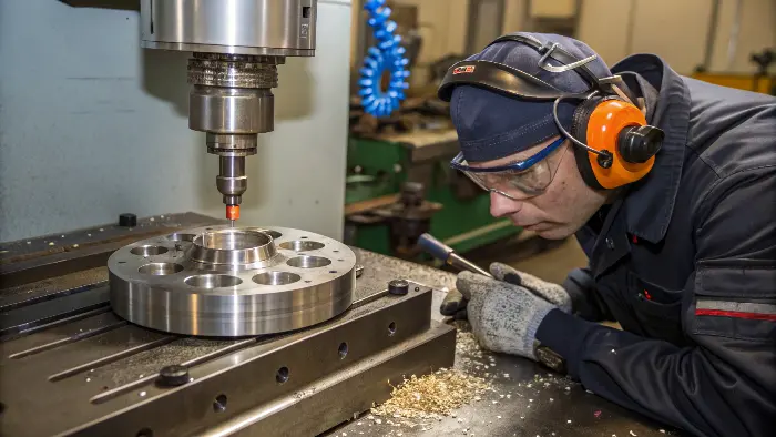 A CNC machine cutting a stainless steel part with coolant splashing