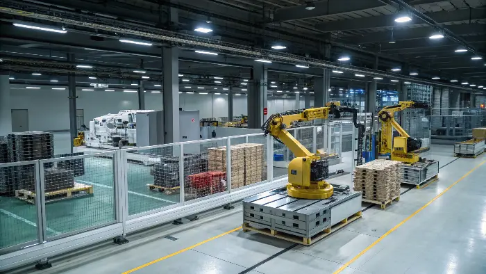 A robotic arm loading a part into a CNC machine in a lights-out factory