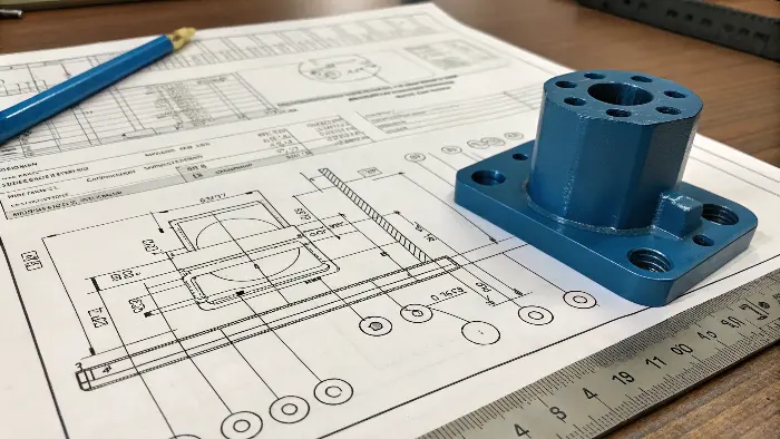 Detailed 2D engineering drawing for a CNC part