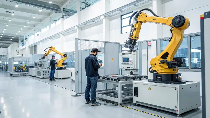 A robotic arm loading a metal blank into a 5-axis CNC machine.