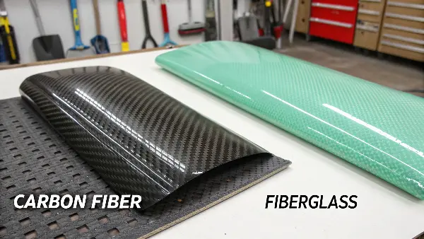 A side-by-side comparison of a carbon fiber sheet and a fiberglass sheet highlighting their different textures