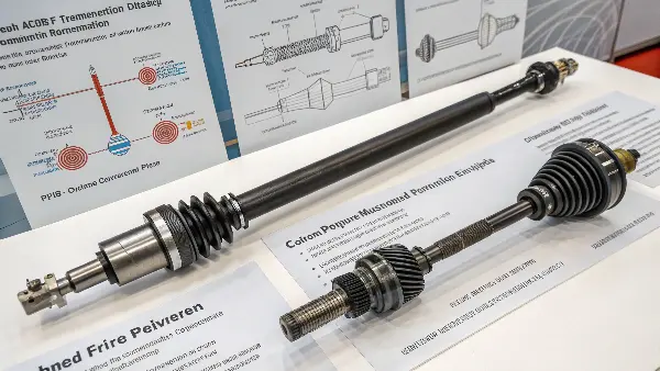 A comparison of a metal alloy transmission shaft and a composite transmission shaft side-by-side
