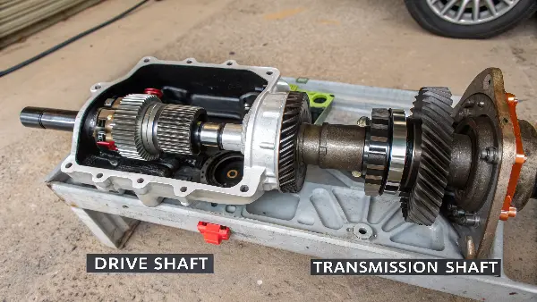 A diagram comparing the location of a transmission shaft inside a gearbox and a drive shaft connecting to the wheels.