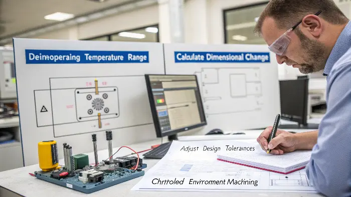 An engineer at a computer adjusting a CAD model with calculation formulas visible.