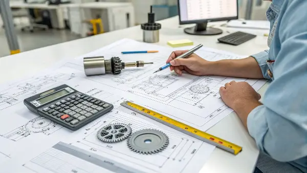 A close-up of a precision-machined transmission shaft with gears and bearings.