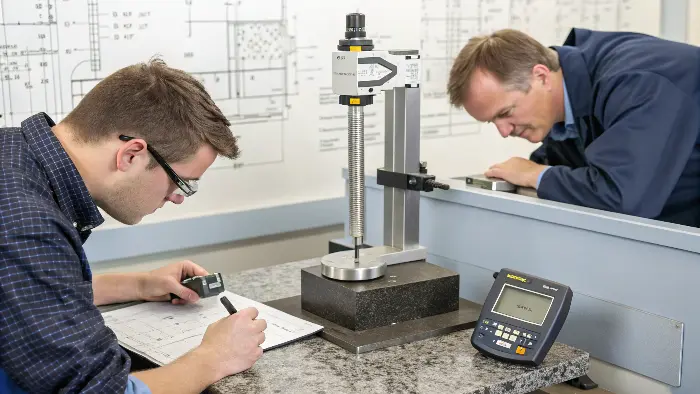 A CMM machine inspecting a metal CNC part for ISO 2768 tolerances.