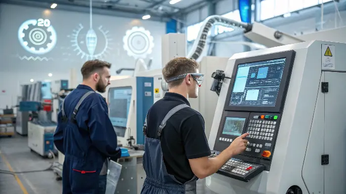 A digital twin of a CNC part on a screen next to the real part.