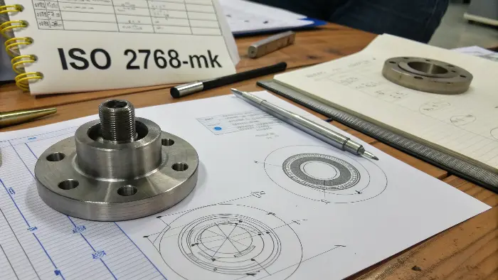 A machinist measuring a CNC part with calipers, referencing the drawing.