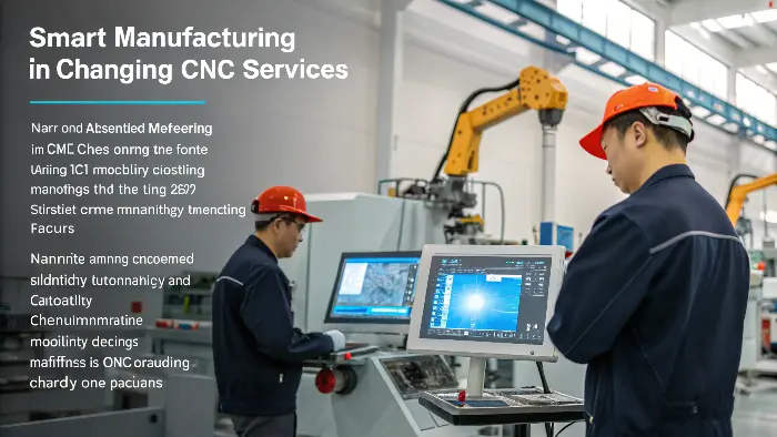 A futuristic CNC machine shop with data overlays and robotic arms.